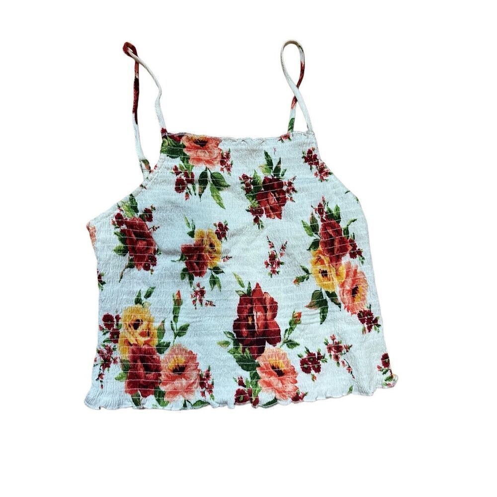 Ambiance Womens Tank Top Shirt Floral Cute Smock Ruffle‎ Neck Small
